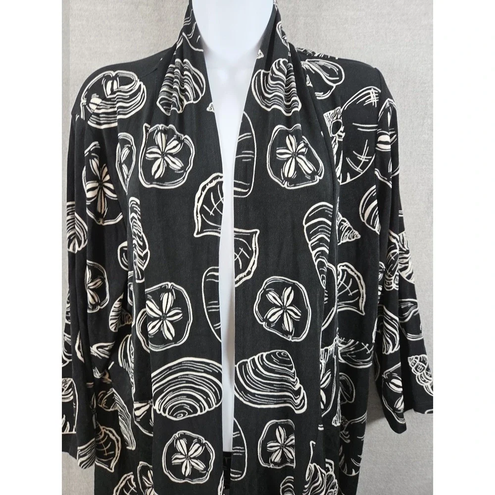 CHICOS‎ Travelers 2 Size L SEASHELLS Sandollar Open Cardigan Asymmetric Black
